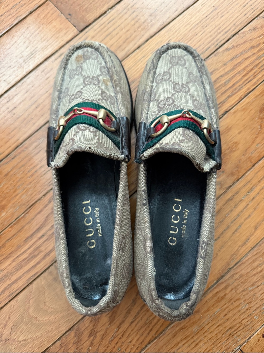 Gucci Beige GG Canvas Loafers with Green-Red Web and Gold Horsebit
